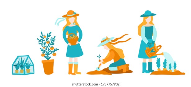 A young woman in the garden holds a basket of tomatoes, plants a plant, watering the beds. Vector graphics in flat style. Clip art stickers with people doing their hobby in the garden. Growing