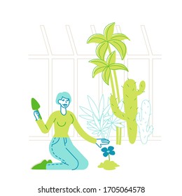 Young Woman Gardener or Florist Character Working in Botanical Garden, Greenhouse or Orangery Terrace Watering and Planting Flowers. Female Enjoying Plants Gardening Hobby. Linear Vector Illustration