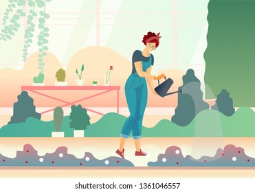 Young Woman Gardener or Florist Working in Botanical Garden or Home Backyard Terrace Orangery, Watering and Planting Flowers. Plants in Pots. Female Enjoying Hobby. Cartoon Flat Vector Illustration