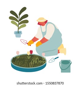 Young Woman Gardener or Florist Working in Botanical Garden or Home Backyard Terrace Orangery Watering and Planting Flowers. Female Enjoying Plants Gardening Hobby. Cartoon Flat Vector Illustration