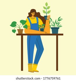 Young woman gardener holding a flower pot. Vector illustration in a modern flat style