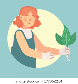 Young woman gardener holding a flower pot. Vector illustration in a modern flat style