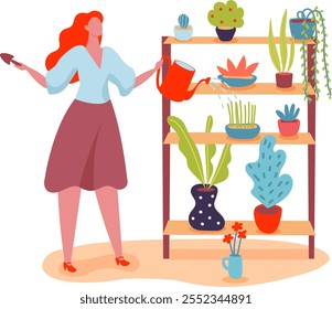 Young woman gardener holding a trowel and watering can, taking care of indoor plants placed on wooden shelves, enjoying her hobby of home gardening