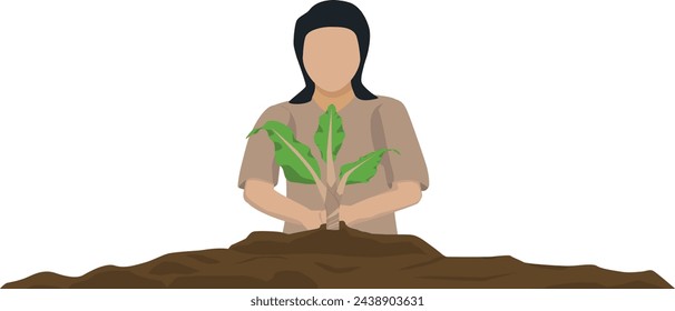 young woman gardener, planting tree in garden, gardening and watering plants. Eco earth day. Woman holding young seedling plant in hands on green background to plant on soil.