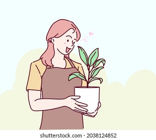 Jóvenes jardineras cuidando y regateando para las macetas de las plantas de la casa. El concepto de huerto casero y el diseño interior con muchas plantas. Dibujado a mano en estilo de línea delgada, ilustraciones vectoriales.