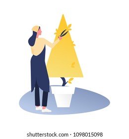 Young woman gardener working with hedge shear. Vector illustration