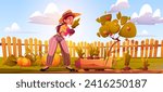 Young woman gardening on yard or field with fence. Cartoon lady gathering beetroots in crate, rape pumpkins and apple fruits on tree. Agriculture and farm concept with female farmer picking vegetables