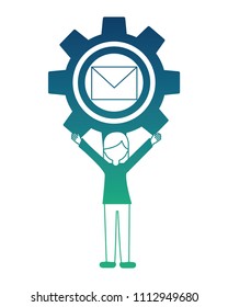 young woman with gear machine and envelope isolated icon
