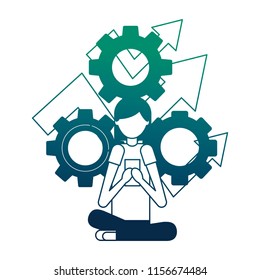 young woman with gear machine isolated icon