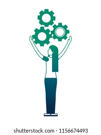 young woman with gear machine isolated icon