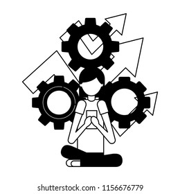 young woman with gear machine isolated icon