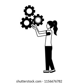 young woman with gear machine isolated icon