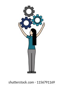 young woman with gear machine isolated icon