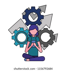 young woman with gear machine isolated icon