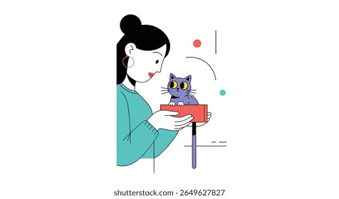 Jovem mulher gentilmente segurando um gato azul brincalhão em uma caixa vermelha com círculos coloridos no fundo uma ilustração simples de propriedade animal de estimação e carinho