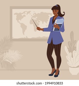 A young woman geography teacher at school points to a map of the world. Cartoon vector illustration
