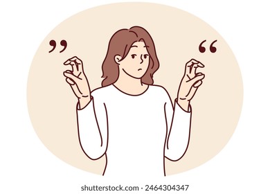 Young woman gesticulates with quotation marks with fingers while saying sarcastic words or hints. Teenager girl raises hands demonstrating quotes before telling sarcastic story or difficult joke