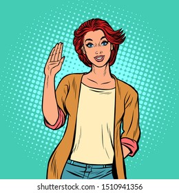young woman gesture Hello. Pop art retro vector illustration drawing vintage kitsch