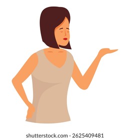 Young woman is gesturing with her hand as if she is presenting something