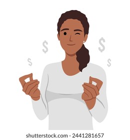 Young woman gesturing pointing finger on dollar symbols sketches. Flat vector illustration isolated on white background