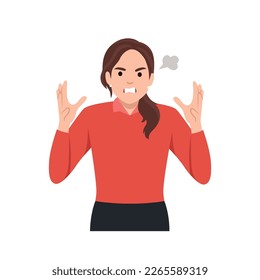 Young woman get angry and scream. Flat vector illustration isolated on white background