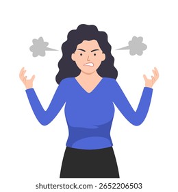 Young woman get angry and scream. Flat vector illustration isolated on white background
