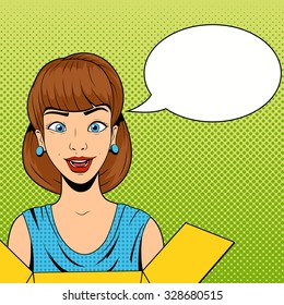 Young woman get a present vector illustration retro pop art halftone comics style