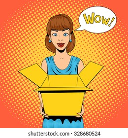 Young woman get a present vector illustration retro halftone pop art comics style