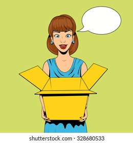 Young woman get a present vector illustration retro pop art halftone comics style