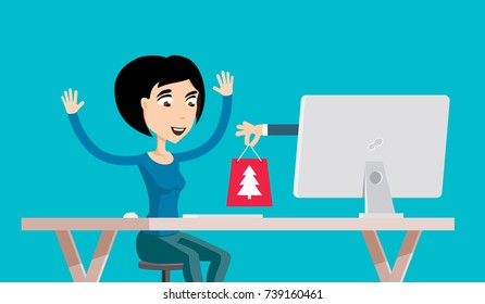 Young Woman Gets Christmas Present from Online Shop. Internet Casino Gambling Game Winner Gets XMas Bag with Tree Sign Vector Art Design Illustration.