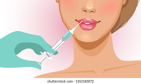 Young woman gets cosmetic injection in her lips in beauty salon, vector image, eps10