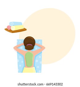 Young woman getting algae mask, mud treatment in spa salon, top view cartoon vector illustration with space for text. Top view picture of woman getting mud, algae mask on her back in spa salon