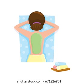 Young woman getting algae mask, mud treatment in spa salon, top view cartoon vector illustration on white background. Top view picture of woman getting mud, algae mask on her back in spa salon