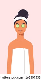 young woman getting facial clay mask dressed in towel girl lying with cucumbers on eyes cleaning and care her face skincare spa relax l treatment concept portrait vector illustration