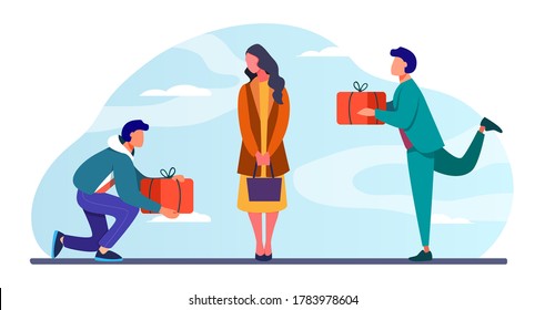 Young woman getting gifts from adorers. Presents, admirers, rivals in love flat vector illustration. Giving gifts, dating, relationship concept for banner, website design or landing web page