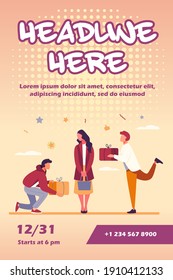 Young woman getting gifts from adorers. Presents, admirers, rivals in love flat vector illustration. Giving gifts, dating, relationship concept for banner, website design or landing web page