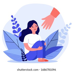 Young woman getting help and cure from stress flat vector illustration. Girl feeling anxiety and loneliness. Helping hand. Psychotherapy, counseling and psychological support concept.