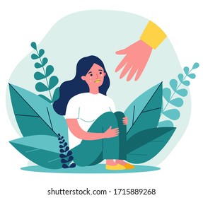 Young woman getting help and cure from stress flat vector illustration. Girl feeling anxiety and loneliness. Helping hand. Psychotherapy, counseling and psychological support concept.