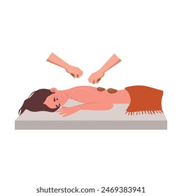 Junge Frau erhält Hot Stone Therapie Massage im Spa-Salon, flache Cartoon-Illustration. Vektorgrafik Mädchen mit warmen Kieselsteinen auf dem Rücken, Anti-Stress-Entspannung. Masseuse Hände, Meditation und Gesundheitsversorgung.