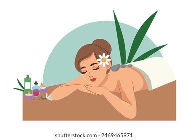 Young woman getting hot stone therapy massage in spa salon, flat cartoon illustration.