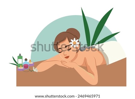 Young woman getting hot stone therapy massage in spa salon, flat cartoon illustration.