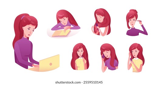 Young woman getting ready for work vector illustration set. Female student cartoon character doing homework. Young woman putting on makeup in morning. Businesswoman using laptop, talking on phone.