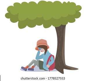 A young woman getting sick in the mountains and taking a break in the shade of a tree.Vector illustration.