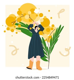 Young woman with giant mimosa branch in hand. Vector illustration for postcard, banner. Flat style design concept with flower for internationals women’s day.