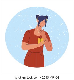 Young woman with a gift in her hands. Vector illustration in cartoon style.