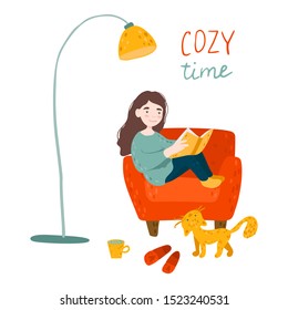 Young woman with a ginger cat in a chair. Cozy time lettering. Vector illustration in flat cartoon style 