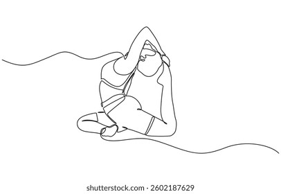 Young woman girl athlete goes in for sports yoga fitness. One continuous drawing line, one line drawing of woman doing kegel exercises simple single line vector illustration.