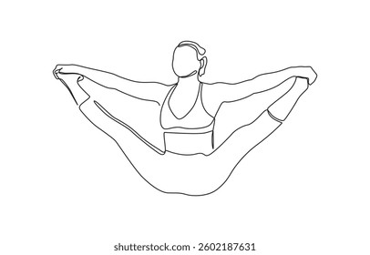 Young woman girl athlete goes in for sports yoga fitness. One continuous drawing line, one line drawing of woman doing kegel exercises simple single line vector illustration.
