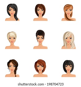 Young woman girl avatars set with haircut styles isolated vector illustration