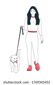 Young woman or girl carrying a dog playing outdoors. Vector illustration in flat style.